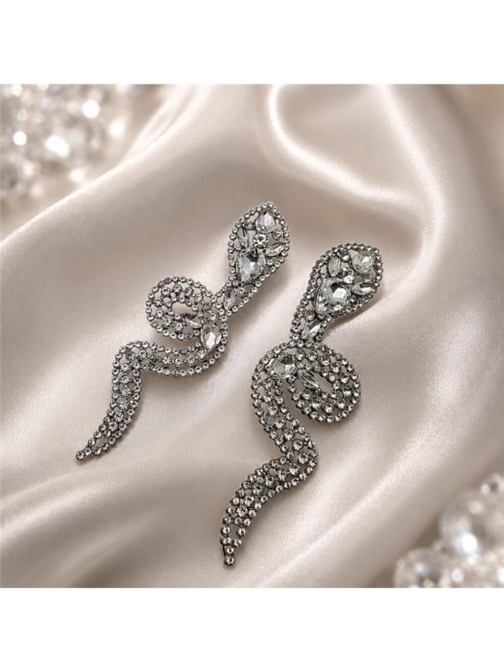 Clear Crystal Snake Drop Earrings Silver Tone 4 In Rhinestone Statement Serpent